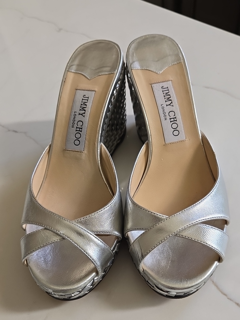 Jimmy Choo Silver Metallic Leather Crisscross Wedge Mules